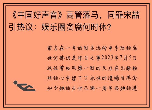 《中国好声音》高管落马，同罪宋喆引热议：娱乐圈贪腐何时休？