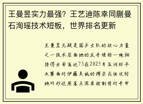王曼昱实力最强？王艺迪陈幸同蒯曼石洵瑶技术短板，世界排名更新