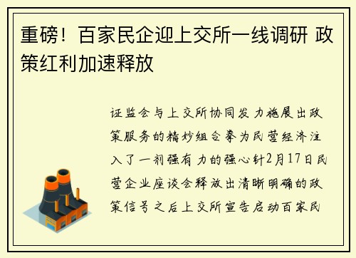 重磅！百家民企迎上交所一线调研 政策红利加速释放