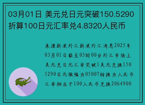 03月01日 美元兑日元突破150.5290 折算100日元汇率兑4.8320人民币