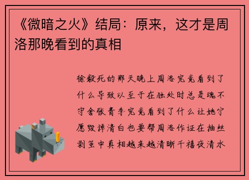 《微暗之火》结局：原来，这才是周洛那晚看到的真相