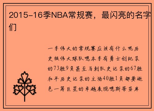 2015-16季NBA常规赛，最闪亮的名字们