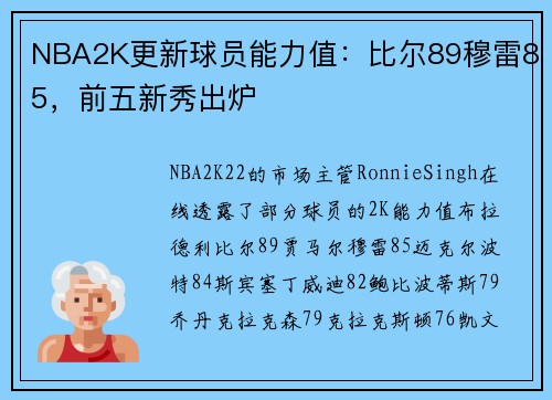 NBA2K更新球员能力值：比尔89穆雷85，前五新秀出炉