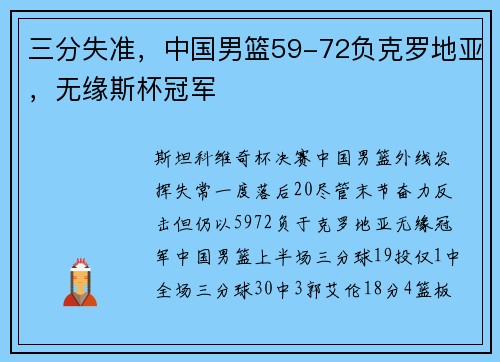 三分失准，中国男篮59-72负克罗地亚，无缘斯杯冠军