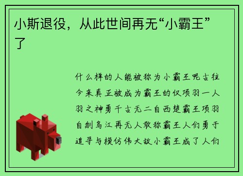 小斯退役，从此世间再无“小霸王”了