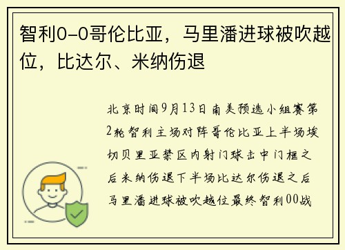 智利0-0哥伦比亚，马里潘进球被吹越位，比达尔、米纳伤退